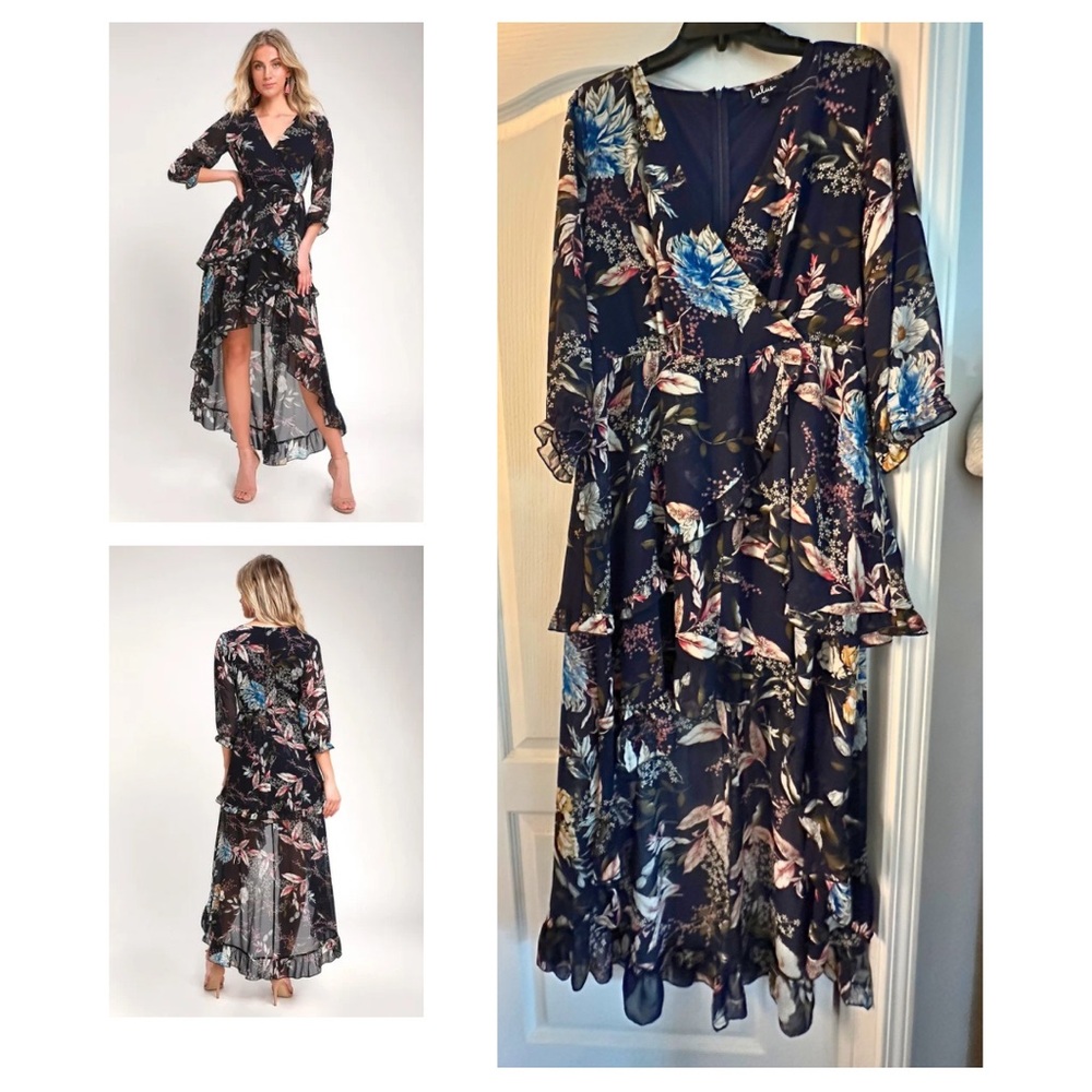 Lulus Carrie Navy Blue Floral Print Ruffled High-Low Dress (Size XL)